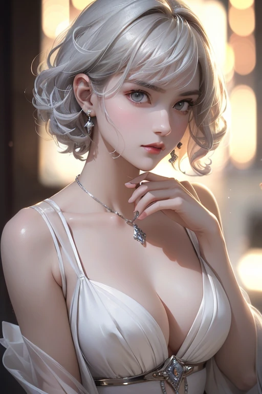 ((((masterpiece, best quality, high resolution)))), (1girl:1.5), ((short hair, white hair, red eyes, earrings, choker)), (medium breasts:1.2), blush, (light smile, parted lips), glow, thighs, bare shoulders, collarbone, narrow waist, (slender body figure), cleavage, (beautiful detailed face, beautiful detailed eyes), ((satin nightgown, thin material)), (standing up), looking at viewer, nighttime, bedroom