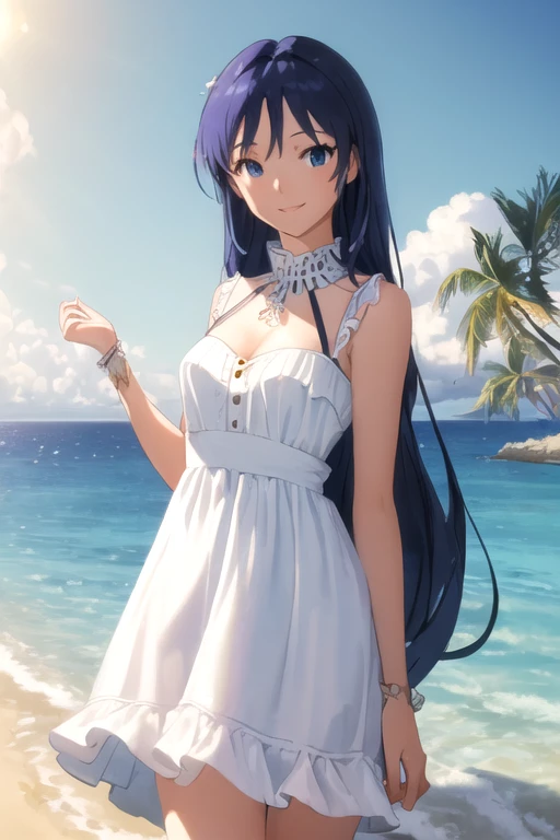 (  Masterpiece ,  best quality,  absurd,  super detailed,  complex details, beautiful,  delicate details:1.5),  1 girl,   Dark Blue Hair,  blue eyes,  very long straight hair,  asymmetrical bang,  smaller breasts,  adjusted,  beach ,  ocean, reflective water ,  palm trees, rock, summer,  evening , sunset, wind,  turn your hands around your back,  walk,  watch viewers, ,  smiles lightly,  open lips,  white sundress,  cowboy shooting,