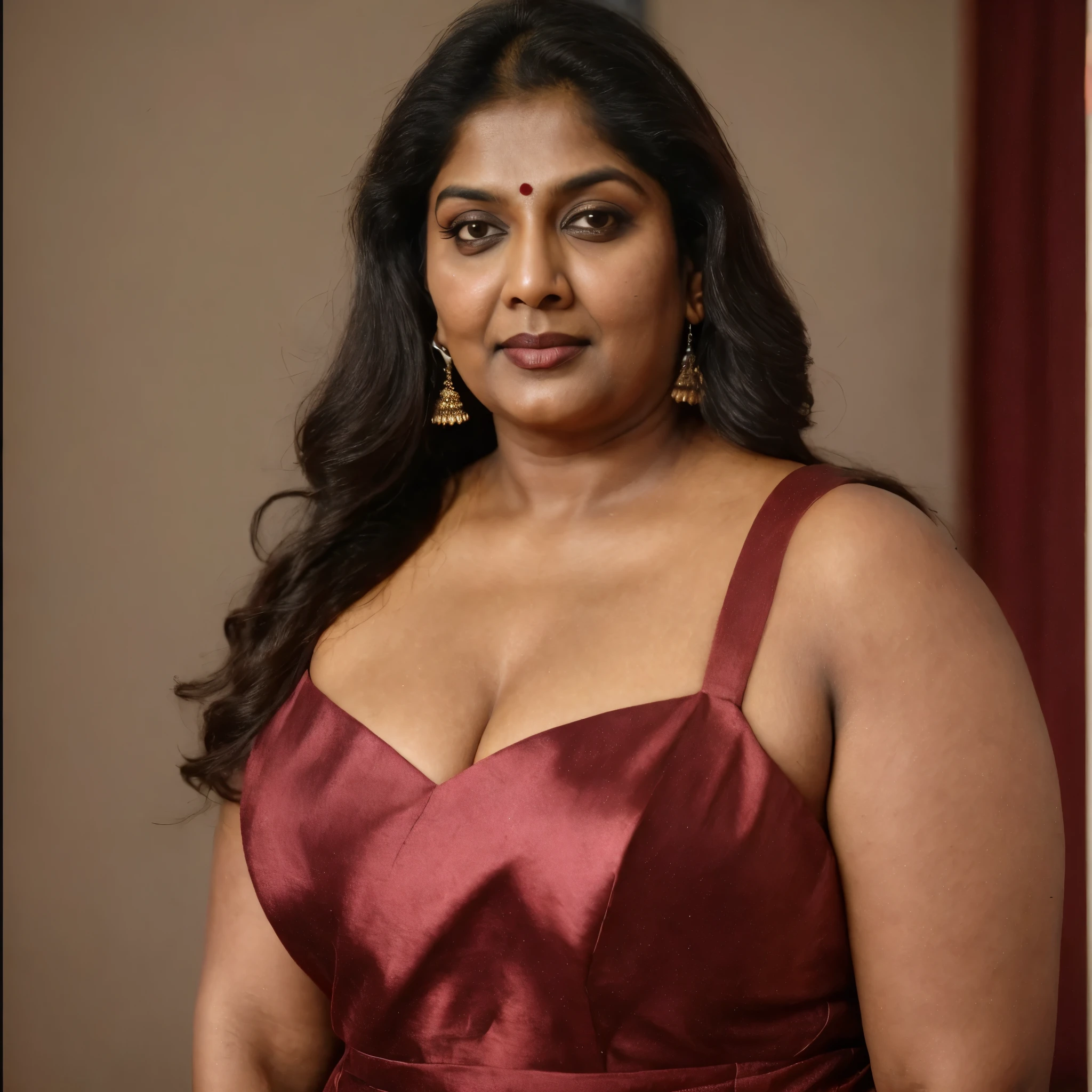 Looks like Indian Actress khushboo Sundar, actress khusbu Sundar, mallu, mallu aunty, desi aunty, full figured mature beauty, attractive figure, 48 years old, desi milf, desi aunty, a close up of a woman in a red dress in a bedroom, inspired by Avigdor Arikha, sleek!!!, indian super model, wavy hair combed to one side, actress, by Jitish Kallat, smoldering, intense smoldering, fashion, an angel, print ready, with a dramatic looking, inspired by Sudip Roy, seductive look