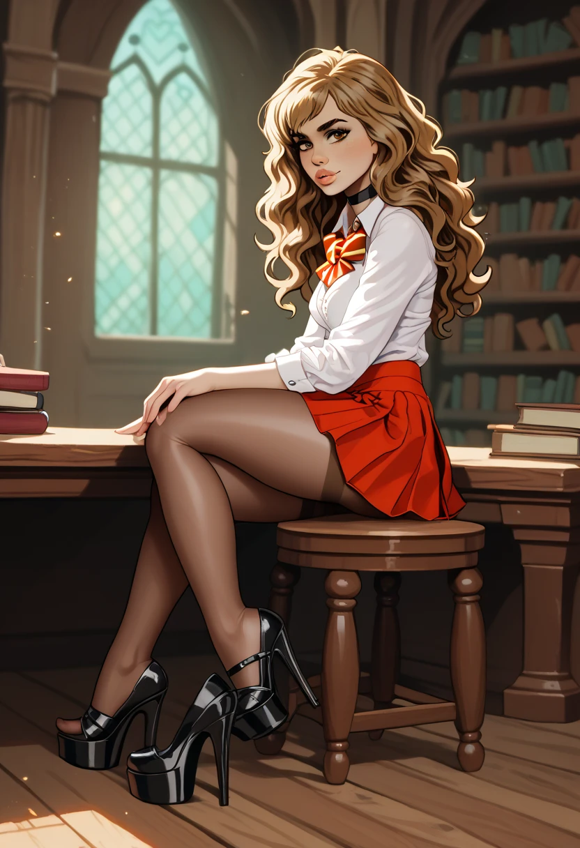 score_9, score_8_up, score_7_up, rating_questionable, 1girl, solo, very sexy (Hermione Granger:1.2), student costume, very short skirt, tights, black_choker, wedge heels, Side view, Push butt, reclining on table, illuminated by afternoon sunlight, Hogwarts library, long wavy hair, light brown hair, hand on chin, thick thighs, filled lips, thick lips, best quality.