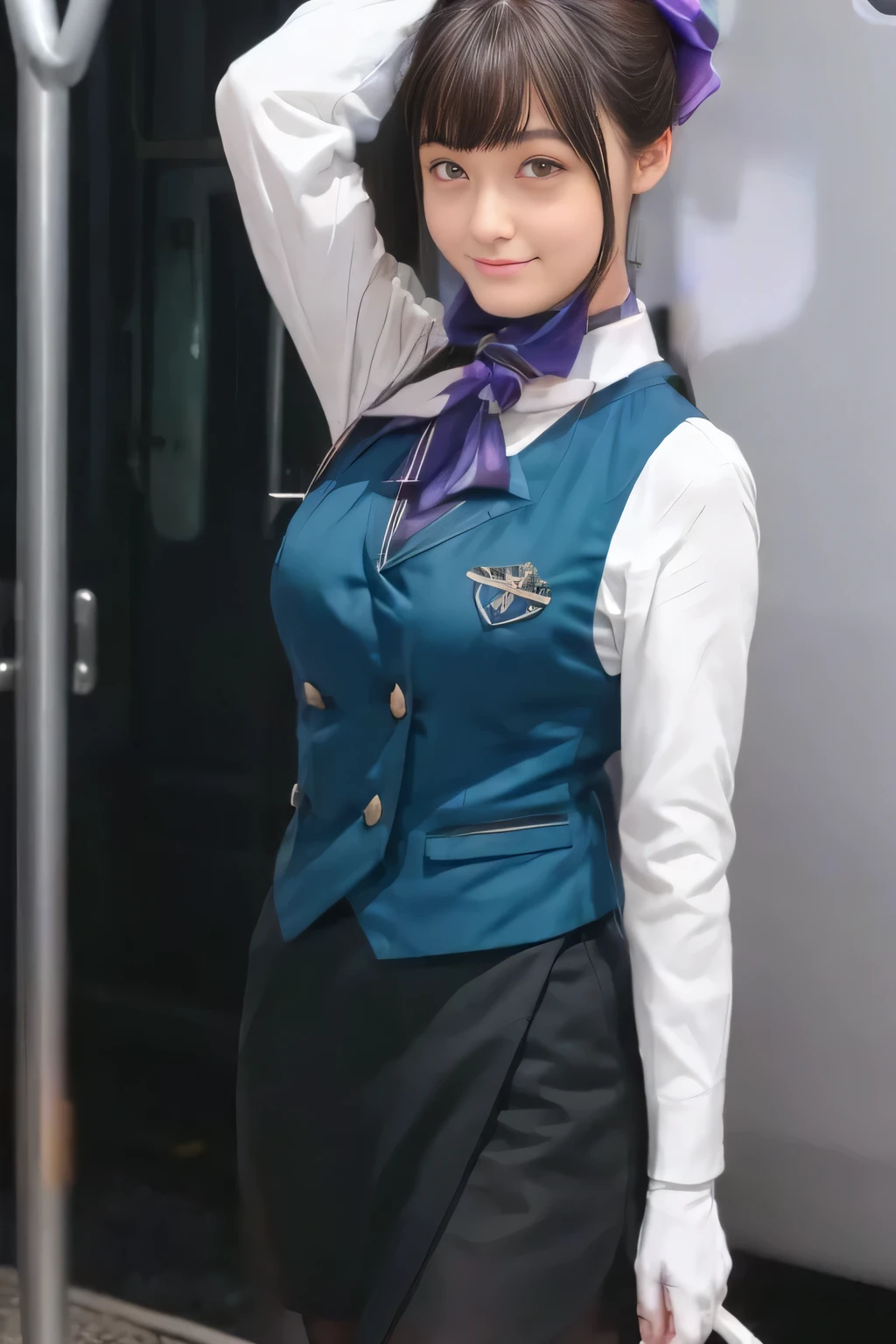 (  Masterpiece :1.2,  best quality:1.2), 32kHDR,  kampala, (Alone、  1 girl)、（what 、  Professional Writing ）、In-flight background、（Nankai Train crew uniformを着たリアルなスタイル）、（（Nankai Train crew uniformのグリーンのベスト））、（（ Nankai Train Crew Uniform Collarless White Long Sleeve Blouse）） 、（（Nankai Train Crew Uniform Culotte Skirt  、Scarf around the neck））、  lots of dark brown hair 、（  long hair、Hair tied up、Hair tied up）、  lots of dark brown hair 、 Long Hit 、Big Breasts、Thin legs、（（ amazing hands：2.0）），（（ Harmonious physique  ：1.5）），（（Normal limbs：2.0）），（（Usually ：2.0）），（（  delicate eyes ：2.0）），（（Normal eyes：2.0））)、smile、（Nankai Train crew uniformを着た美しい姿）、Hands crossed underneath 