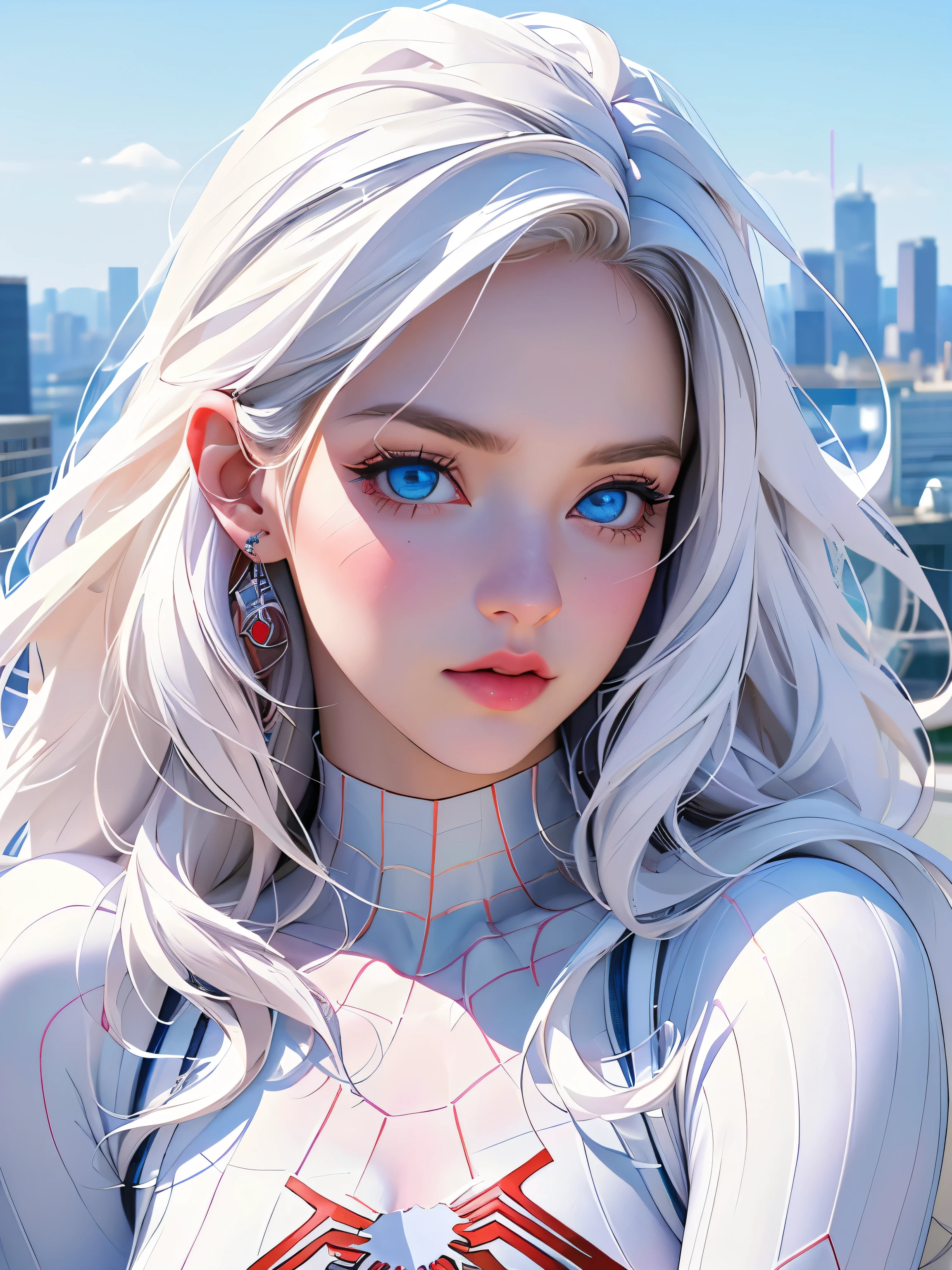 {{  Masterpiece 、  best quality 、((( realistic 、 realistic :1.37)))、8K quality}}, ( WHITE COSTUME SUPERHERO THEME , Charisma, A girl is on the street , Wearing a white  Spider-Man  costume,  superheroine), [((23 years old), ( sandwiched between long white hair :1.2), whole body, ( blue eyes:1.2), ( Spider-Man &#39; dynamic pose) ((insufficient々New urban environment):0.8)| (cityscape, At night,  Dynamic Light ), (full moon))]