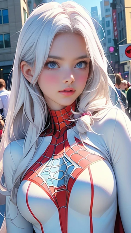 (masterpiece:1.4), (8k, photorealistic, RAW photo, best quality: 1.4), japanese, (1girl), beautiful face, (realistic face:1.4), (white hair, long hair:1.3), beautiful hairstyle, beautiful detailed eyes, (best ratio eyes:1.5), attractive, ultra high res, ultra realistic, highly detailed, best ratio, (detailed face:1.4), looking at viewer, red lipsticks, (best ratio fingers:1.5), (White superhero theme, charismatic, there's a girl on top of town, wearing lingerie Spider-Man costume, she's a superhero), [ ((25 years), full body, (realistic blue eyes:1.2), ((Spider-Man pose), show of strength, jumping from one building to another), ((sandy urban environment):0.8)| (cityscape, at night, dynamic lights), (full moon))] # Explanation: The Prompt mainly describes a 4K painting of ultra-high definition, very realistic, very detailed. It shows a superheroine at the top of the city, wearing a Spider-Man costume. The theme in the painting is a white superhero theme, the female protagonist has long white hair, is 25 years old and her entire body is shown in the painting. In terms of portraying the actions of superheroines, spiders are employed, (no bra:1.4), perky_nipples, ((exposed_nipples, exposed breasts, high proportional realistic breasts, realistic big breasts):1.3), (closed mouth:1.4), (camel_toe_pussy:1.3), innie_pussy,