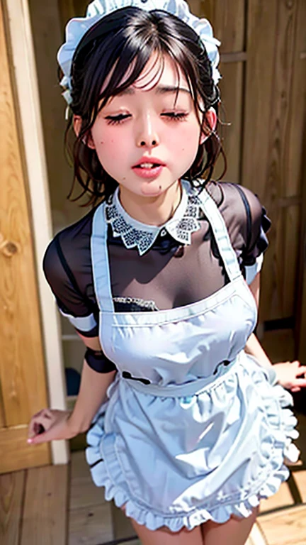 (8K High Quality、Ultra High Definition、  Masterpiece ,   best quality ), 1 girl, 16-year-old girl、Alone, ((whole body))、(((naked apron)))、Mini apron、(((White frilly maid apron)))、(( apron is made of lace fabric))、kitchen、((( Close Your Eyes , Look up a little, And make a kissing face.)))、Reach out to the photographer The 、Shen