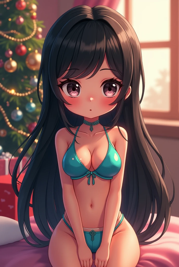 superflat, flat shading, flat colors, masterpiece, best quality, 1girl, child, loli, petite, lying on stomach, on floor, reading book, white bra, white panties, bottom, christmas tree in background, room, warm, cozy, fireplace, evening, dark, christmas lights, vibrant colors, ghibli style