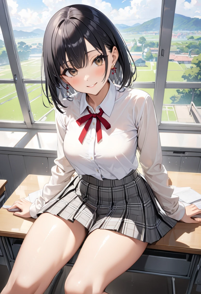 komiShouko, masterpiece, best quality, absurdres, 1girl, looking at viewer, v arms, pantyhose, classroom, , red skirt, red bow, blazer, window, sitting, chair, crowd,crossing legs,medium thighs.