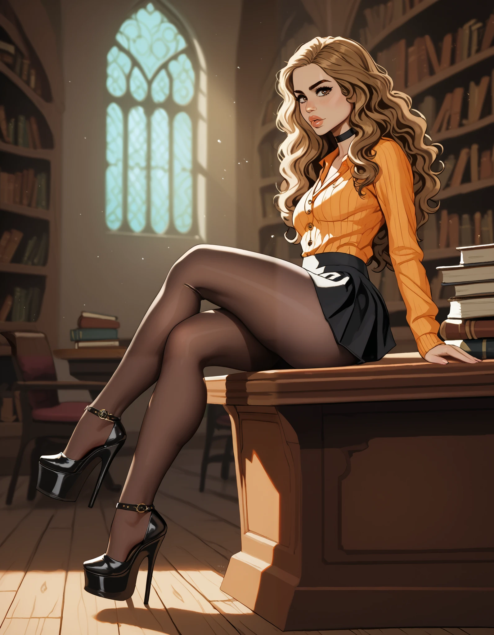 score_9, score_8_up, score_7_up, rating_questionable, 1girl, solo, very sexy (Hermione Granger:1.2), student costume, very short skirt, tights, black_choker, wedge heels, Side view, Push butt, reclining on table, illuminated by afternoon sunlight, Hogwarts library, long wavy hair, light brown hair, hand on chin, thick thighs, filled lips, thick lips, best quality.