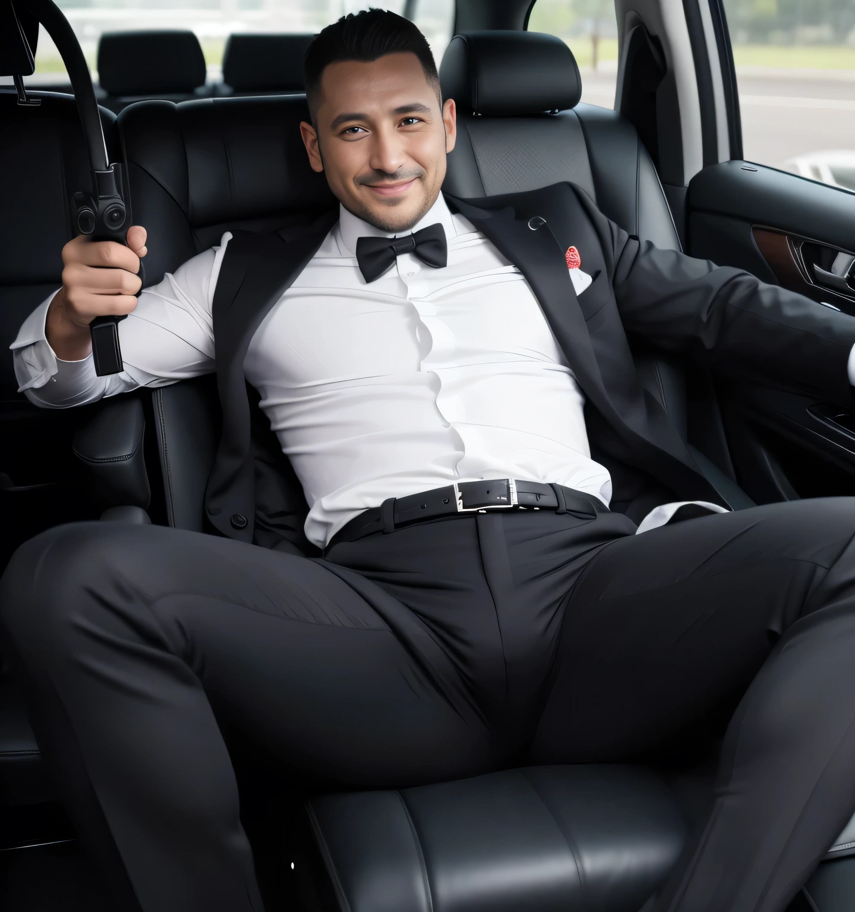 40-year-old man,Black Suit top and a plastic disposable pampers babyish diaper,Inside the car、mafia、Legs wide open、The crotch area of the diaper is bulging,Bulging muscles,Gay ,Short Hair,Short Hair、Stubble,Turk。Black socks、Armed with a gun、smile