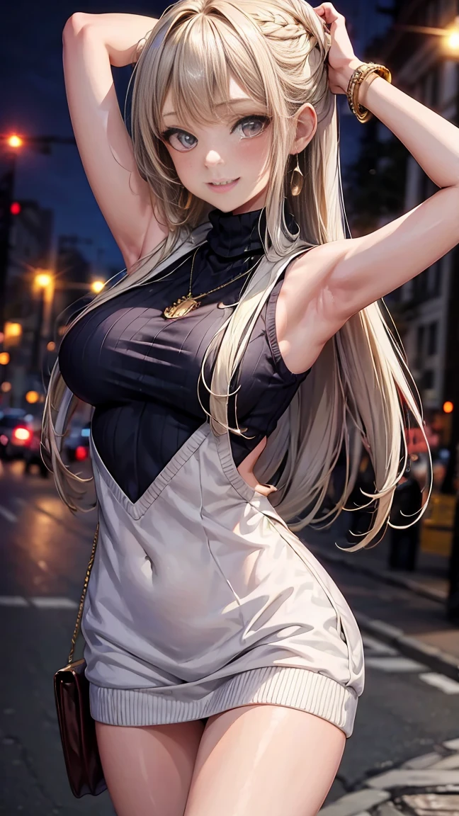 masterpiece, best quality, highres, aamiyako, long hair, jewelry, earrings, sweater dress, virgin killer sweater, clothing cutout, turtleneck, sleeveless, night, street, cowboy shot, standing, smile, bare arms, bokeh background