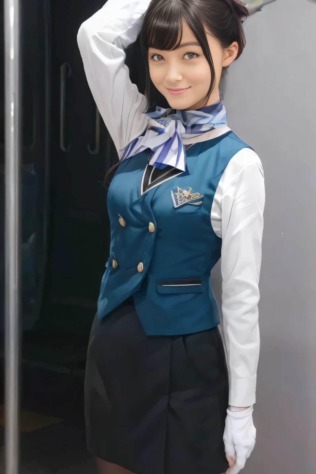 (  Masterpiece :1.2,  best quality:1.2), 32kHDR,  kampala, (Alone、  1 girl)、（what 、  Professional Writing ）、In-flight background、（Nankai Train crew uniformを着たリアルなスタイル）、（（Nankai Train crew uniformのグリーンのベスト））、（（ Nankai Train Crew Uniform Collarless White Long Sleeve Blouse）） 、（（Nankai Train Crew Uniform Culotte Skirt  、Scarf around the neck））、  lots of dark brown hair 、（  long hair、Hair tied up、Hair tied up）、  lots of dark brown hair 、 Long Hit 、Big Breasts、Thin legs、（（ amazing hands：2.0）），（（ Harmonious physique  ：1.5）），（（Normal limbs：2.0）），（（Usually ：2.0）），（（  delicate eyes ：2.0）），（（Normal eyes：2.0））)、smile、（Nankai Train crew uniformを着た美しい姿）、Hands crossed underneath 