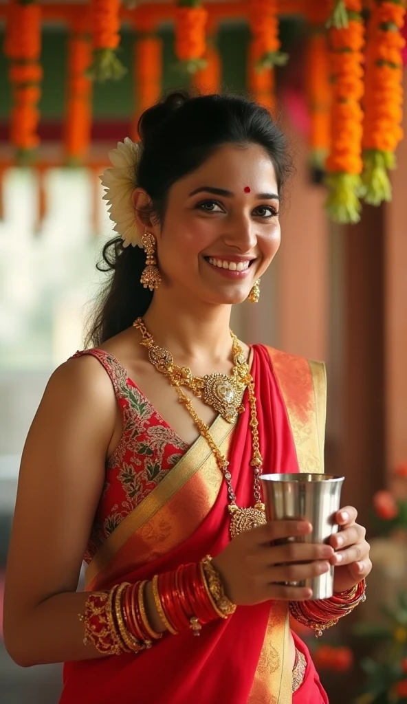 "Create a realistic 8k image of a  Indian woman in bikini with traditional gold jewelry, including a necklace with pendants and matching earrings, and has jasmine flowers in her neatly tied hair. Her wrists are decorated with red glass bangles, and she holds a silver tumbler in her hands with a serene smile. The setting is a festive indoor environment with hanging flower garlands in the background, exuding a warm and celebratory atmosphere. The lighting is soft, highlighting her features and the intricate details of her attire."

