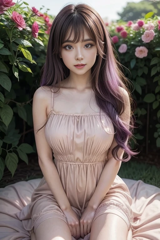 woman kneeling in flowers, Smooth anime CG art, one-girl，Wearing a light purple-pink long dress，Hair flutters，Purple hair、adolable，Pure，White tulle sun dress、Red blush，full bodyesbian，full body pov,highly detailed exquisite fanart,animemanga girl，Delicate facial features，delicate finger，Obvious joints，The thighs are invisible，Small ****