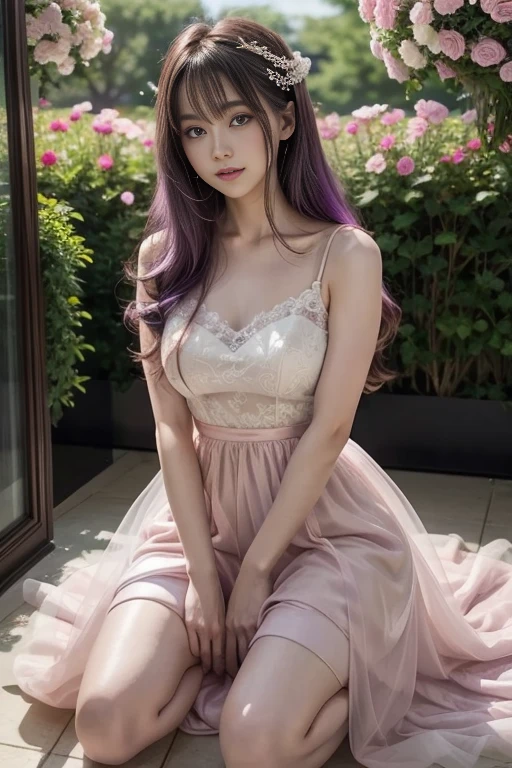 woman kneeling in flowers, Smooth anime CG art, one-girl，Wearing a light purple-pink long dress，Hair flutters，Purple hair、adolable，Pure，White tulle sun dress、Red blush，full bodyesbian，full body pov,highly detailed exquisite fanart,animemanga girl，Delicate facial features，delicate finger，Obvious joints，The thighs are invisible，Small ****