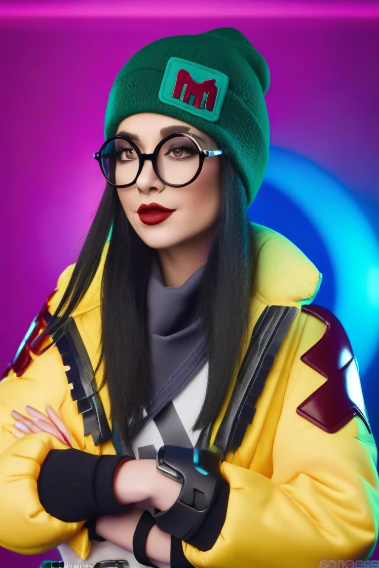 cinematic photo  a woman, yellow jacket, green beanie, medium shot, futuristic background ., film, professional,  highly detailed, looking at viewers, red lipstick