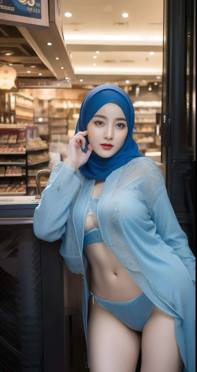 a beautiful hijab , big breasts, long clothes, long hijab, blue hijab, long blue hijab, red lips, detailed face, elegant face, (intricate long eyelases), elegant face, half-body shot, sexy leg, leg sexy, unpanties, ((no panties)), unpanties, hairy pussy, ((hairy pusy1.7)), hair pusy, (best quality,4k,8k,highres,masterpiece:1.2),ultra-detailed,(realistic,photorealistic,photo-realistic:1.37),detailed description of face and features,hyper detailed portrait, mall background, supermarket night  background, cinematic lighting, warm color tones, high-end fashion, urban cafe setting, intricate hijab folds, glowing skin, elegant pose