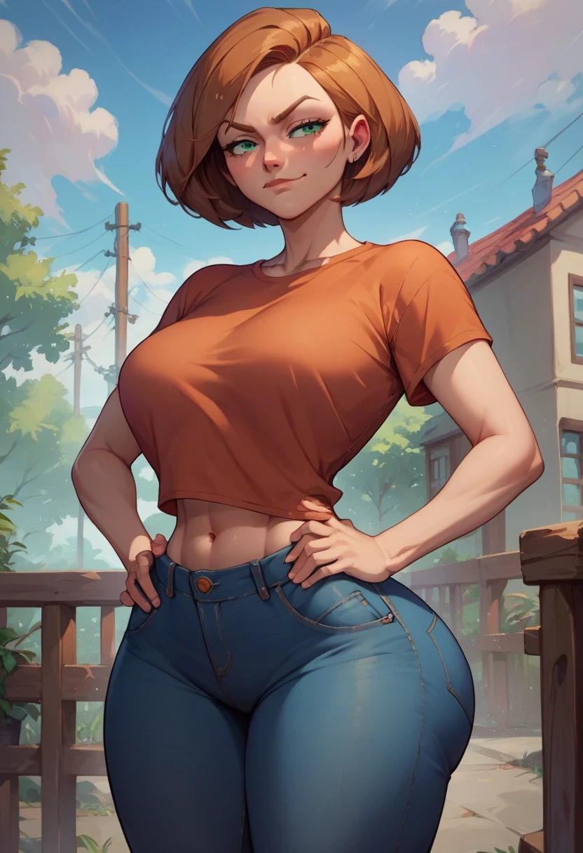 score_9, score_8_up, score_7_up, score_6_up, BREAK ann possible, source_anime,seductive smirk, T-shirt in jeans, NSFW, big breasts, hands holding own hips, wide hips, big ass, sweating, blushing, short hair
