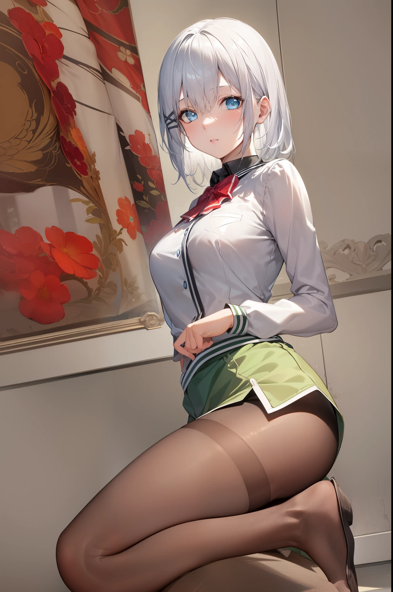 white hair, blue eyes, x hair ornament,
BREAK ((asticassia school uniform, front-seamed legwear, green jacket, green shorts, jacket, long sleeves, pantyhose:1.2)),
BREAK (masterpiece:1.2), best quality, high resolution, unity 8k wallpaper, (illustration:0.8), (beautiful detailed eyes:1.6), extremely detailed face, perfect lighting, extremely detailed CG, (perfect hands, perfect anatomy),