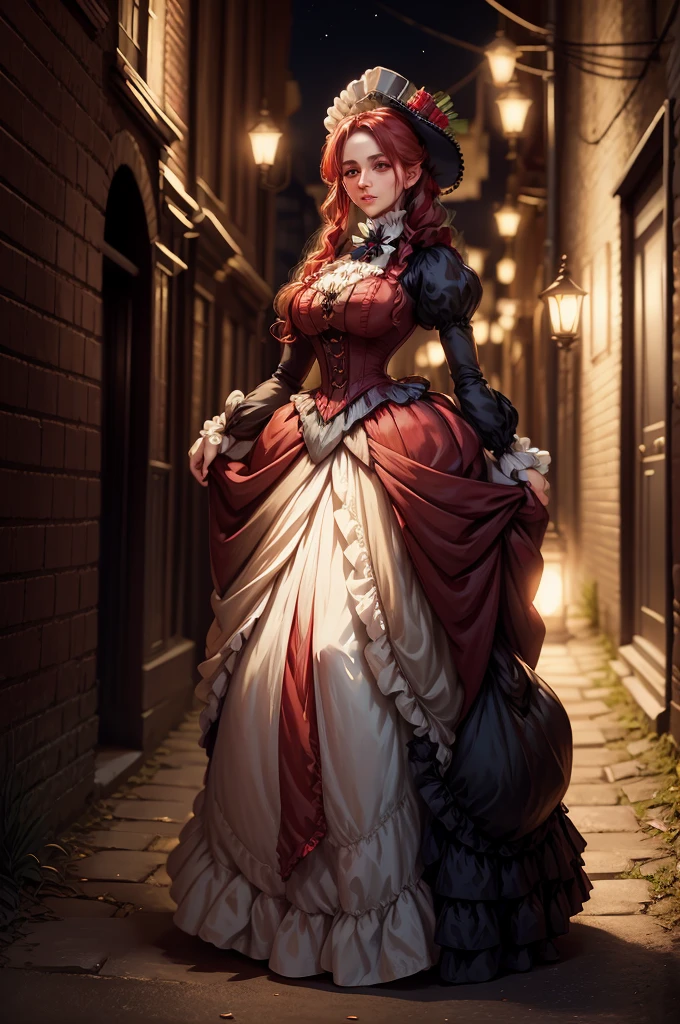 Noble ladies fashion full body in Victorian Era dress red, blue, green a conservative full body pose of a 1910 woman wearing a small hat and business attire and a long skirt , standing in a dark alleyway with gas lighting, a full moon in the background, beautiful character painting,Extremely dark 