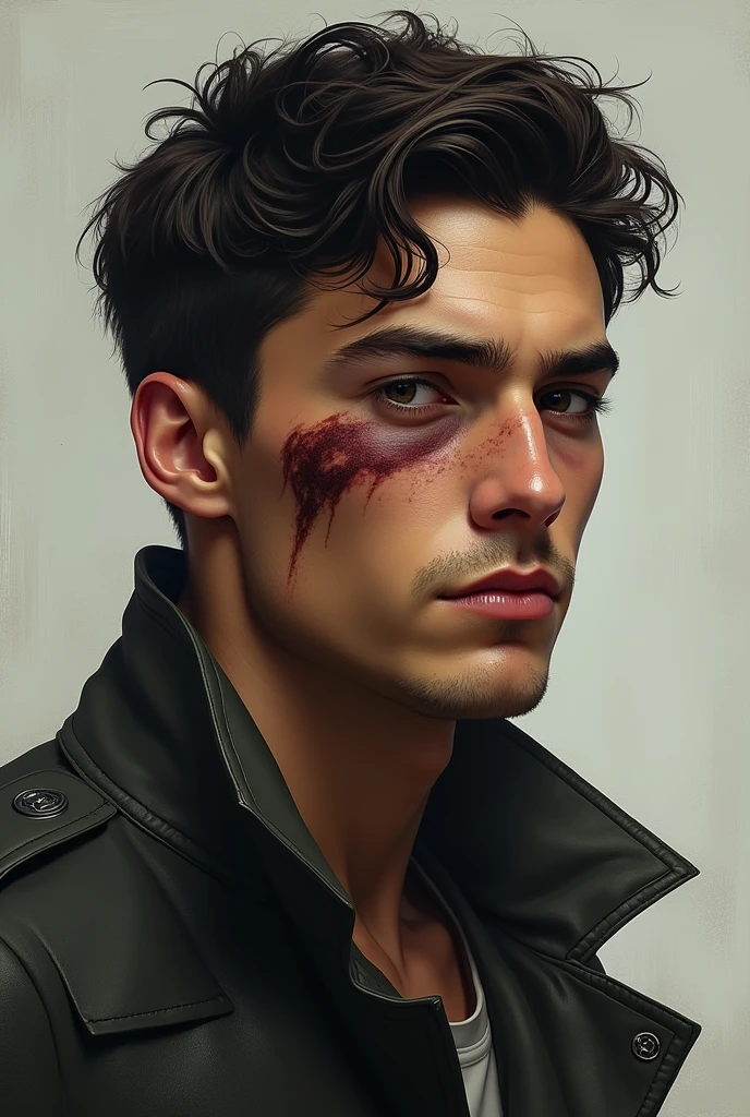 ((1boy)), male only, camouflage tank top, ((bottomless)), small , ((lying in the bed)), mature, stubble, muscular, detailed face, best quality, depth of field, dirty face, blood, look at the viewer, detailed, masterpiece, detailed background, composition is good, atmosphere, view from above, blush, embarrassed face