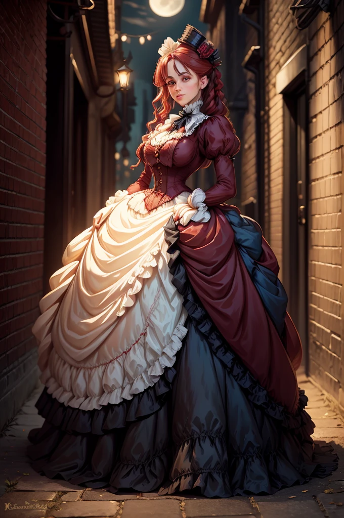 Noble ladies fashion full body in Victorian Era dress red, blue, green a conservative full body pose of a 1910 woman wearing a small hat and business attire and a long skirt , standing in a dark alleyway with gas lighting, a full moon in the background, beautiful character painting,Extremely dark 