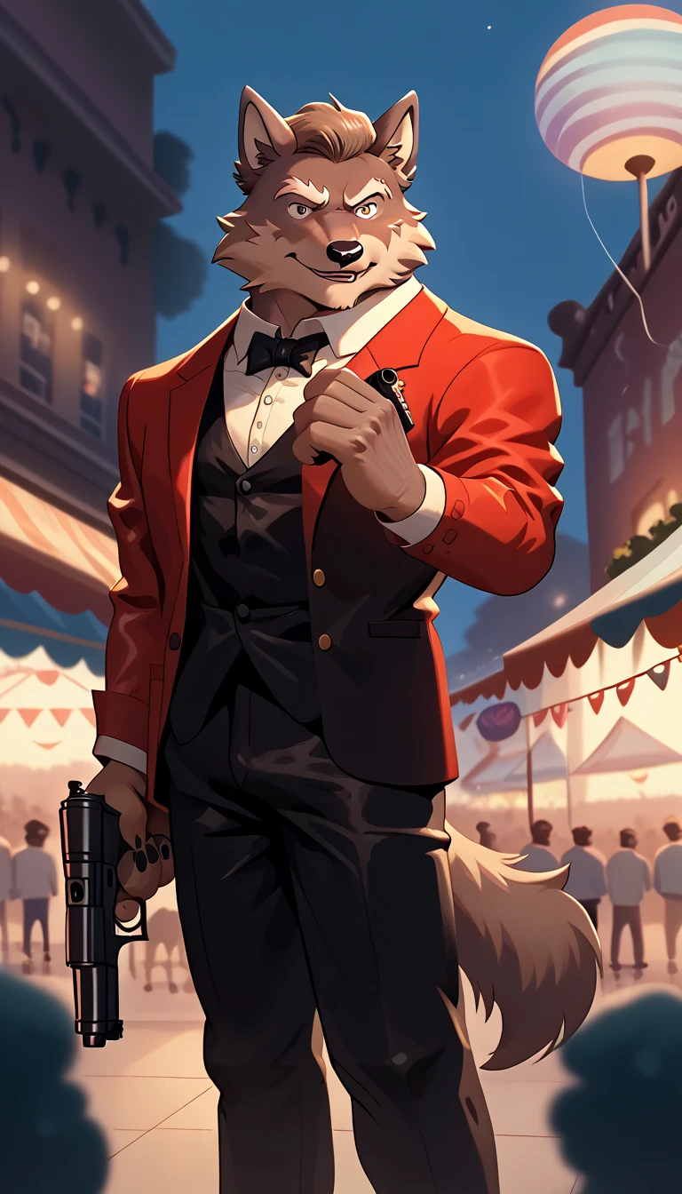 James Bond,in mission, 60’s hairstyle,young,classy clothes,spy outfit,retro era,old comics,inspired by Bibb Morane,gun, fur-trimm,wolf furry,festival city background
