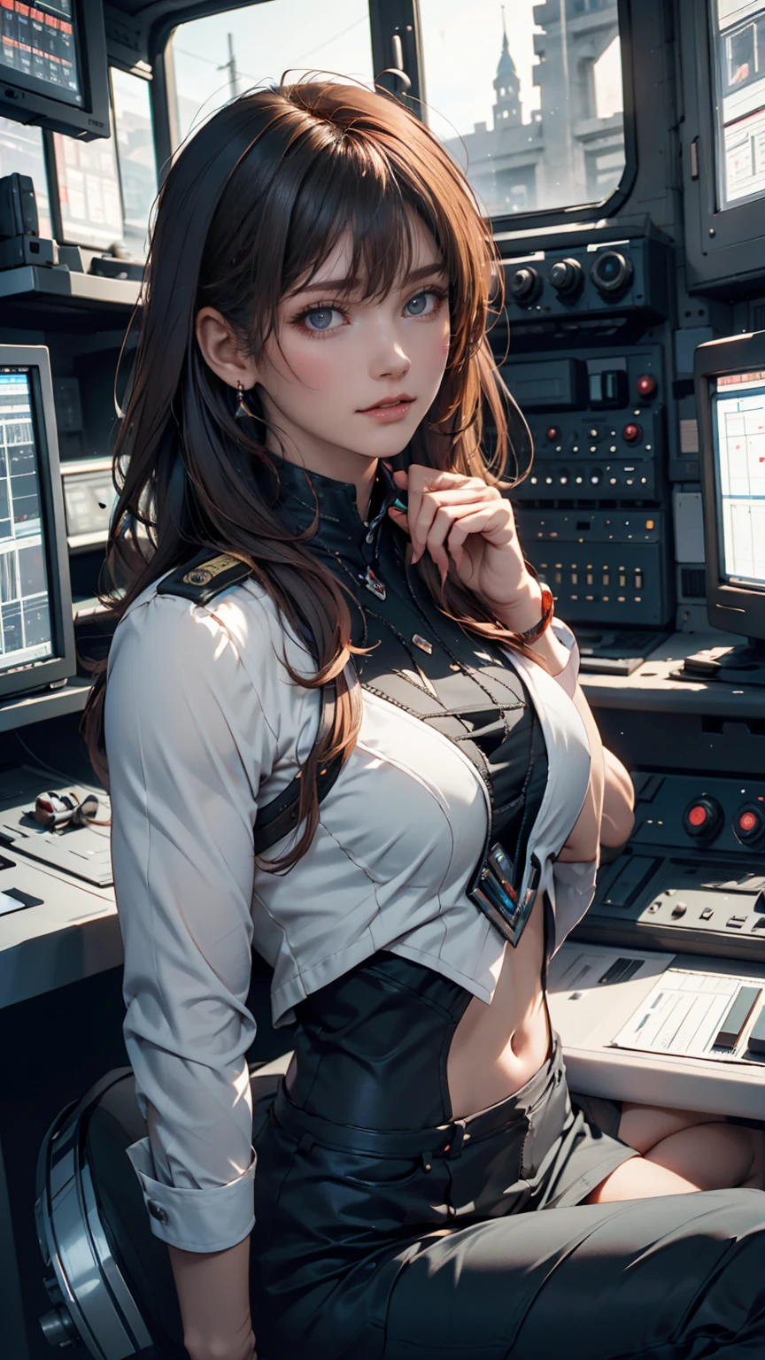 highest quality, artwork, eye reflection, highest quality, One female,  blonde, short style hairstyle, green eyes, upper arm,  practical belt, alone, operator with intercom、control room, 8K, artwork, High resolution, disorganized, Natural volumetric lighting and better shadows, deep い is written in the depth of the world, sharp focus, dirty face, very hot,   highly detailed landscape, goddess、（anatomically correct）、（perfect body proportions)、 ((perfect hands))、 (((perfect fingers)))、(oily skin:1.5)、
