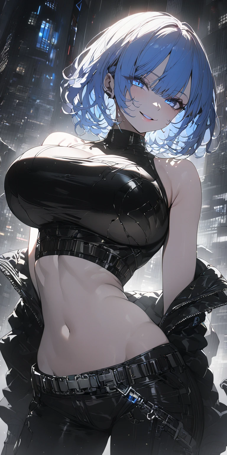 Only one girl, simple background, Looking up at an angle, Looking at the girl from the front, Girls' Centre, rei ayanami, short blue haired woman, Anime girl with long blue hair, Overall chubby, hands behind head, armpits, Lower your face, upper eyes, red eyes, inexpressive, pale skin, Oily sheen on the skin, emphasis on the chest, black bodysuit, wet bodysuit, Huge udder, long drooping udder,,,, elastic ass, Large convex areolas are also visible through the bodysuit, Huge-breasts, Opening legs, stands, crotch emphasis, smooth feet, Erotica, Sex, Wet, Juice, steam, view from bottom