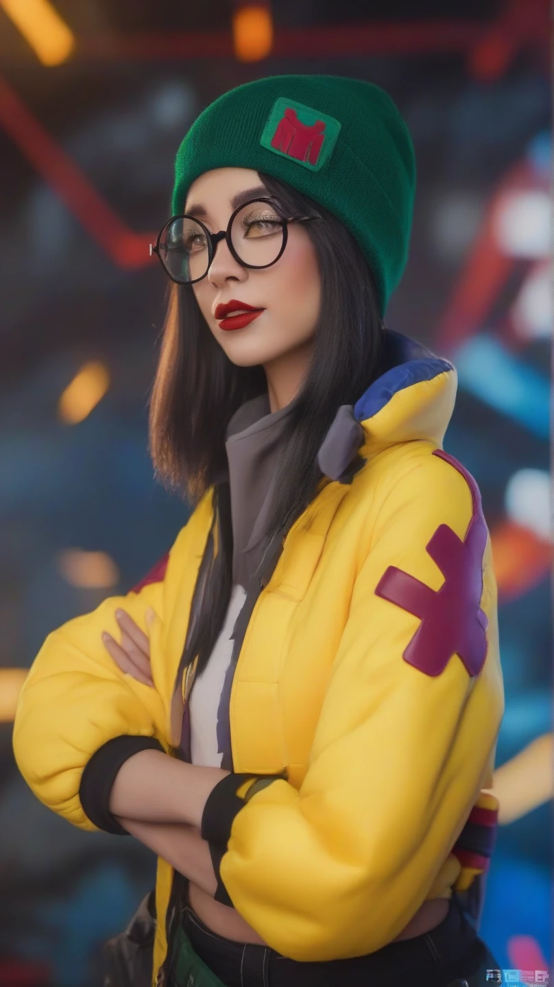 cinematic photo  a woman, yellow jacket, green beanie, medium shot, futuristic background ., film, professional,  highly detailed, looking at viewers, red lipstick