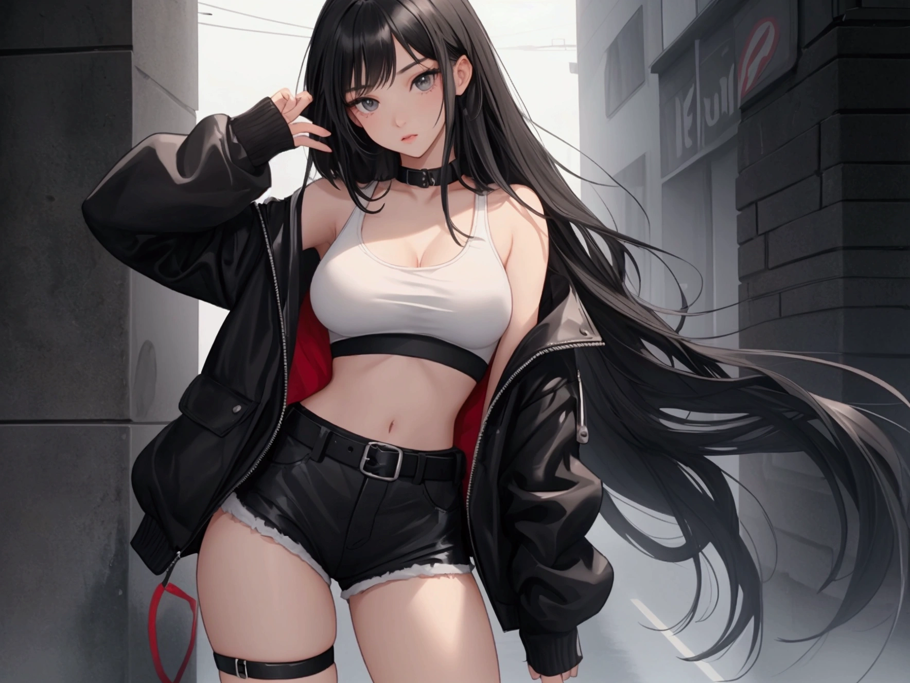 masterpiece, best quality,Perfect Anatomy, 1woman solo,20 year old beauty、black hair,long  hair,blunt  bangs,black eyes,shy look、slender body, ideal ratio body proportions,medium breasts,squatting,sweat,,punk rock fashion、black leather jacket、black bra、Navel is visible、Black miniskirt、pleated skirt、wet crotch、beautiful black panties、thigh_gap, black_thighhighs,outdoor、bustling street、neon、Tokyo、