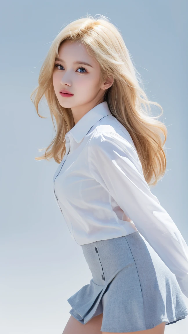 adult curvy woman,blonde wavy hair,25 years old,make up,japanese gyaru,strapped blouse,from side,short skirt