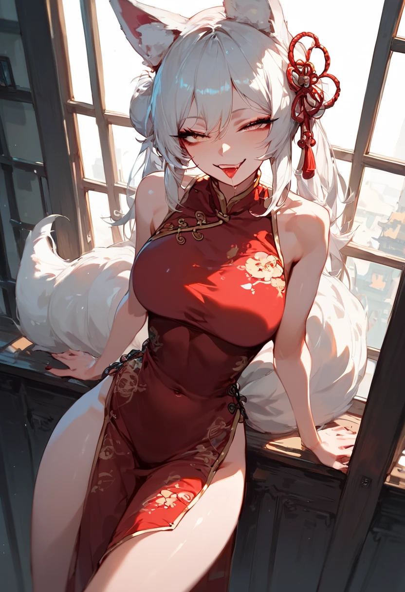 score_9, score_8_up, score_7_up, 1girl, solo,, Fox ears，big Fox tails, Gradient eyes, Seductive smile, Naughty face, torogao, White hair, curtained hair, Sony FE GM, first person perspective, Wide shot, , ccurate, ，girl fox，Wearing a white tight cheongsam，Decorated with red embroidery，Sit in a room with classical Chinese music， Leaning against the windowsill，Overlooking the scenery