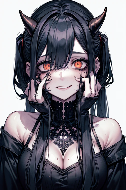 (masterpiece:1.2, Highest quality), (Actual Photos, Intricate details), (1 female, alone,whole body、 Small breasts) ,Scary atmosphere、Distorted facial expressions、Blood splatter、Cuts on the face、burns on the face、whole body、Punk Fashion、Long Hair、Long bangs、Twin tails、Black Hair、(((Dark circles under the eyes)))、Pale skin、Feeling unwell、Pathological、Wicked Smile、Crazy Eyes、(Grin)Dramatic makeup,Create mixed media art、White Background