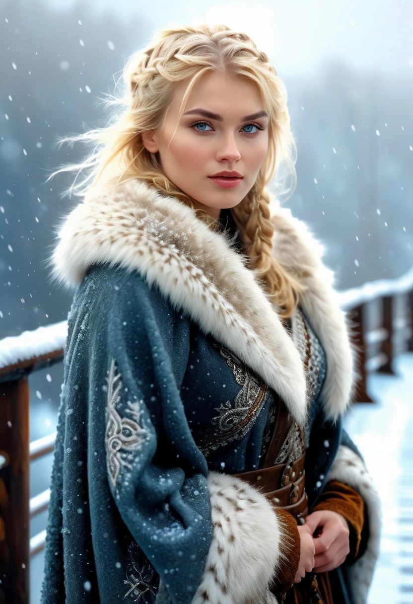 arafed woman in a fur coat standing on a bridge in the snow, beautiful nordic woman,short blond hair , portrait of nordic girl, norse inspired, karol bak uhd, viking style, a full portrait of nordic female, female viking, scandinavian / norse influenced, norse goddess, viking attire, 8k)), viking culture, beautiful digital artwork, cold but beautiful