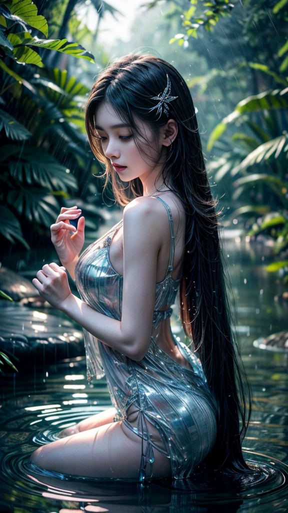 (RAW shooting, 32k:1.5, highest quality, masterpiece, Ultra-high resolution), (Night outdoors, Dramatic moonlight:0.9, Mysterious World:1.2, Expressions of sadness:1.0), Side Shot, Fractal Art:1.3, Perfect dynamic composition:1.3, Very detailedな肌と顔の質感:1.3, Dynamic flow of water waves:1.3, Dynamic air flow:1.3, The subject is observed from a distance, elegant and sophisticated:0.5, Fair skin, Incredibly slim body:0.9, Very beautiful face, Water droplets on the skin, (Yoga Wear:1.3, Zazen pose 1.3, Meditation pose:1.3), Very accurate, Very detailed, Big eyes that exude beauty, Beautiful lips, Unreal atmosphere, Earrings, bracelet