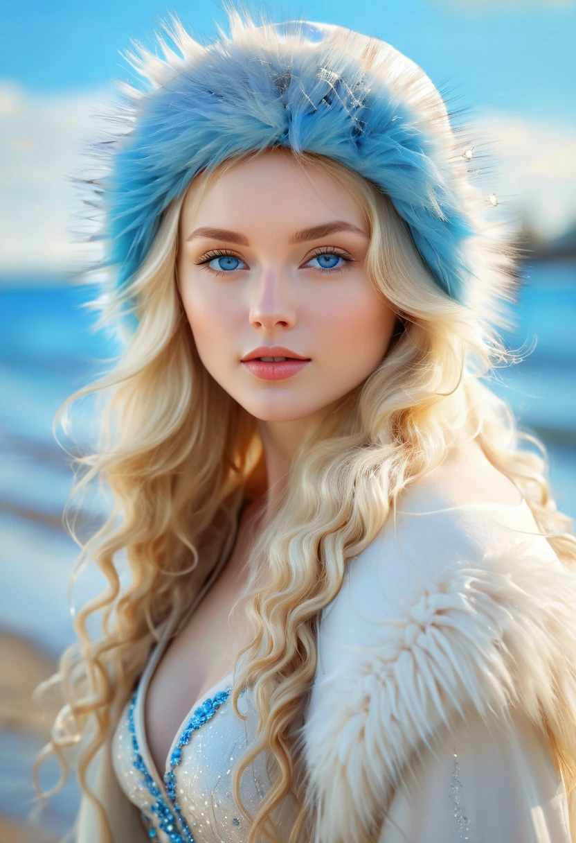 blond woman with blue eyes and fur hat on beach near water, karol bak uhd, beautiful nordic woman, portrait of nordic girl, anna nikonova aka newmilky, long blonde hair and blue eyes, pale skin curly blond hair, long blonde hair and big eyes, winter princess, inspired by Konstantin Vasilyev, fur hood, trending on 500px