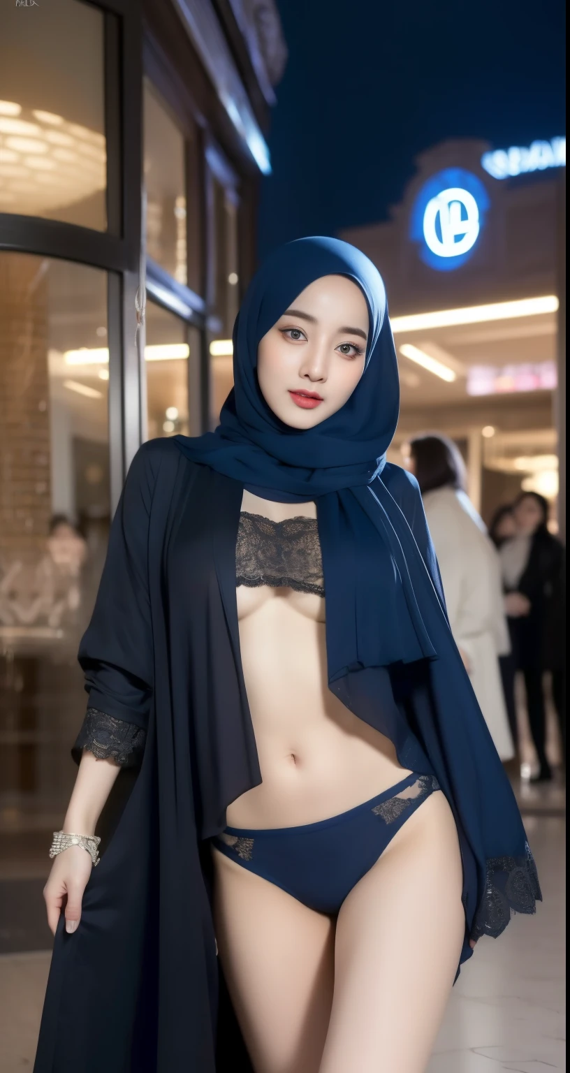 a beautiful hijab , big breasts, long clothes, long hijab, blue hijab, long blue hijab, red lips, detailed face, elegant face, (intricate long eyelases), elegant face, half-body shot, sexy leg, leg sexy, unpanties, ((no panties)), unpanties, hairy pussy, ((show pussy)), detailed hair pussy, (best quality,4k,8k,highres,masterpiece:1.2),ultra-detailed,(realistic,photorealistic,photo-realistic:1.37),detailed description of face and features,hyper detailed portrait, mall background, supermarket night  background, cinematic lighting, warm color tones, high-end fashion, urban cafe setting, intricate hijab folds, glowing skin, elegant pose