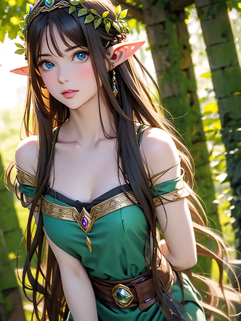 world Tree、ethnic group、Cute girl、Long hair、Fairy ears、Big breasts、Thin waist、wearing a leaf-style skirt、Bow and arrow in hand