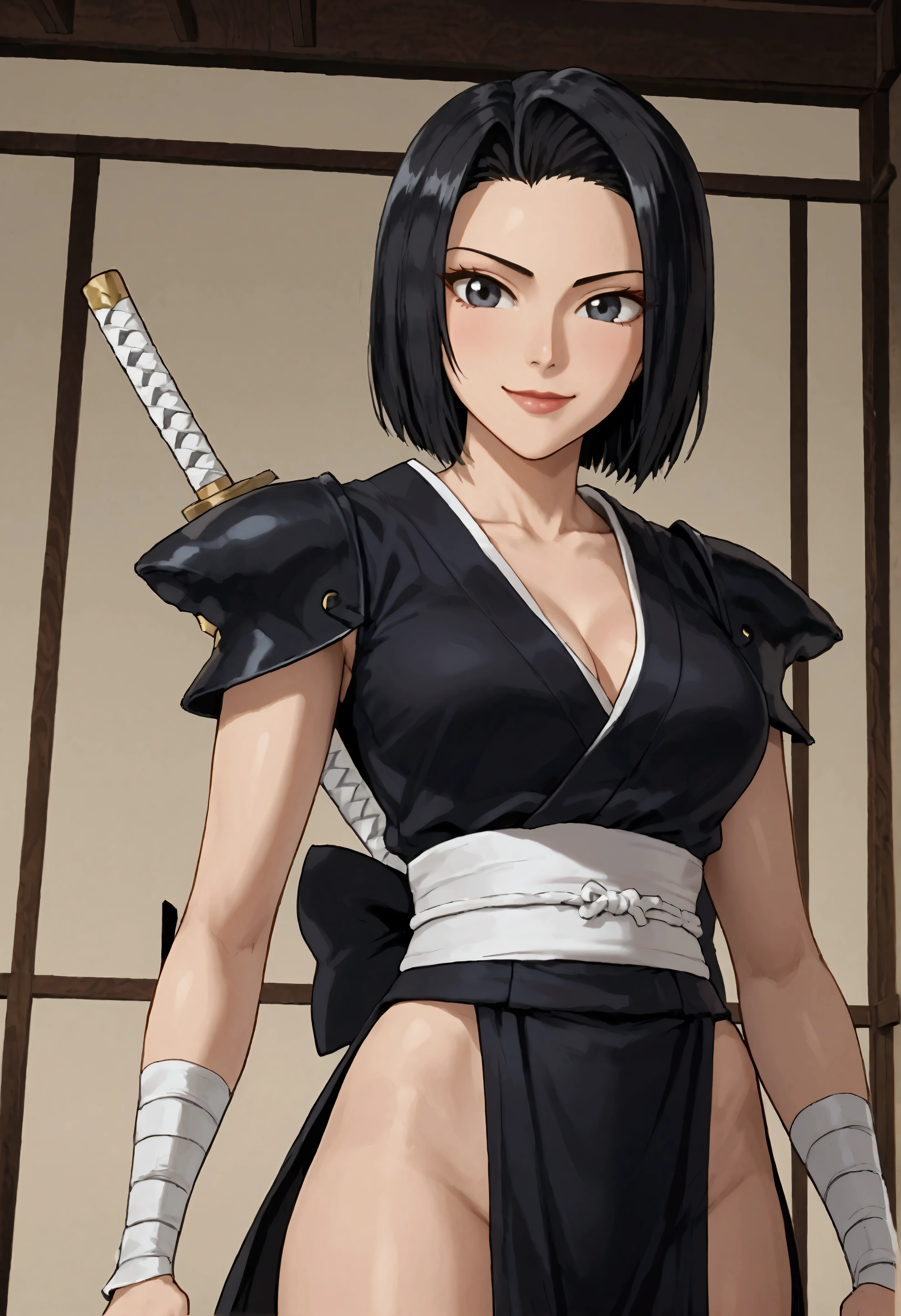 woman, samurai, black hair, white skin, smile