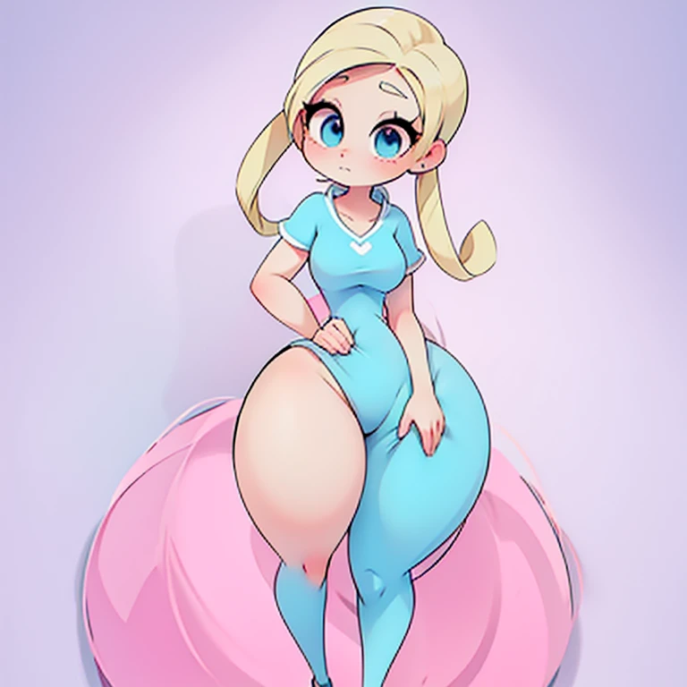 Teenage Helga Pataki from nickelodeon, blonde big pigtails, blue eyes, (hyper hips and ass 2.5), full pink dress, alone, in the streets, small breasts, walking