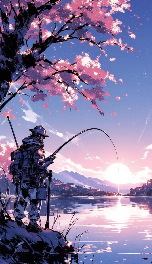 a man is fishing at a tranquil lake. sakura petals are flying around. the sky is filled with aurora. the lake has a clear reflection of the environment.