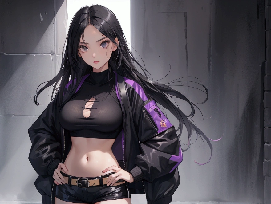8k anime 22 years old girl black hair with purple slide long hair medium breast size wering crop top with trouser face sleepy