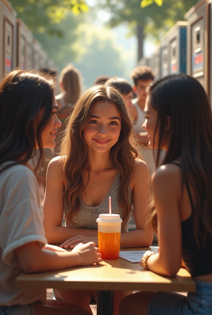 Create an image of a woman in her mid-20s, wearing a casual blouse and skirt, standing near a snack table and holding a glass of soda. The setting includes her laughing and engaging in a lively conversation with a group of friends." The character has long, straight, messy, browns  hair, bright yellow eyes, snow-white skin, a perfect and delicate face, she is very beautiful and is 2, make the image in the Pixar style Disney, in 9:16 format.