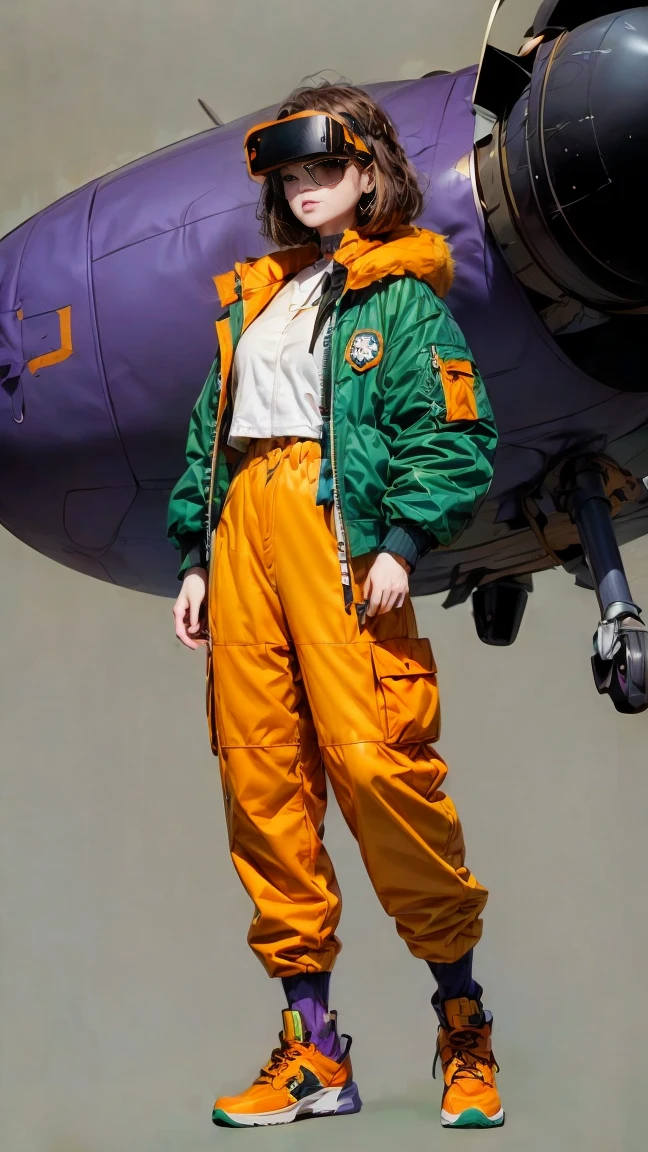 Full body portrait, ( super detailed, super high resolution, detailed background),((2D)),(( Flat Color )),((Dull colors)), 1 Solo Through the Fog :1.5,  viewer,  Relaxed Flight Suit ,  Oversized Bomber Jacket with Sheepskin Collar, (yellow, violet, , green,  orange:1.3),  Plush Color , Full body portrait,  Using VR Glasses , ((&#39; Desert Intricat Foundation )), ((Doomsday City)),   full body , (( Drone Next to Her ))