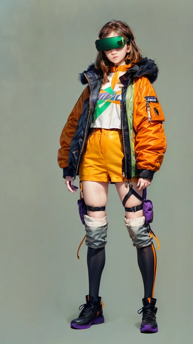 Full body portrait, ( super detailed, super high resolution, detailed background),((2D)),(( Flat Color )),((Dull colors)), 1 Solo Through the Fog :1.5,  viewer,  Relaxed Flight Suit ,  Oversized Bomber Jacket with Sheepskin Collar, (yellow, violet, , green,  orange:1.3),  Plush Color , Full body portrait,  Using VR Glasses , ((&#39; Desert Intricat Foundation )), ((Doomsday City)),   full body , (( Drone Next to Her ))