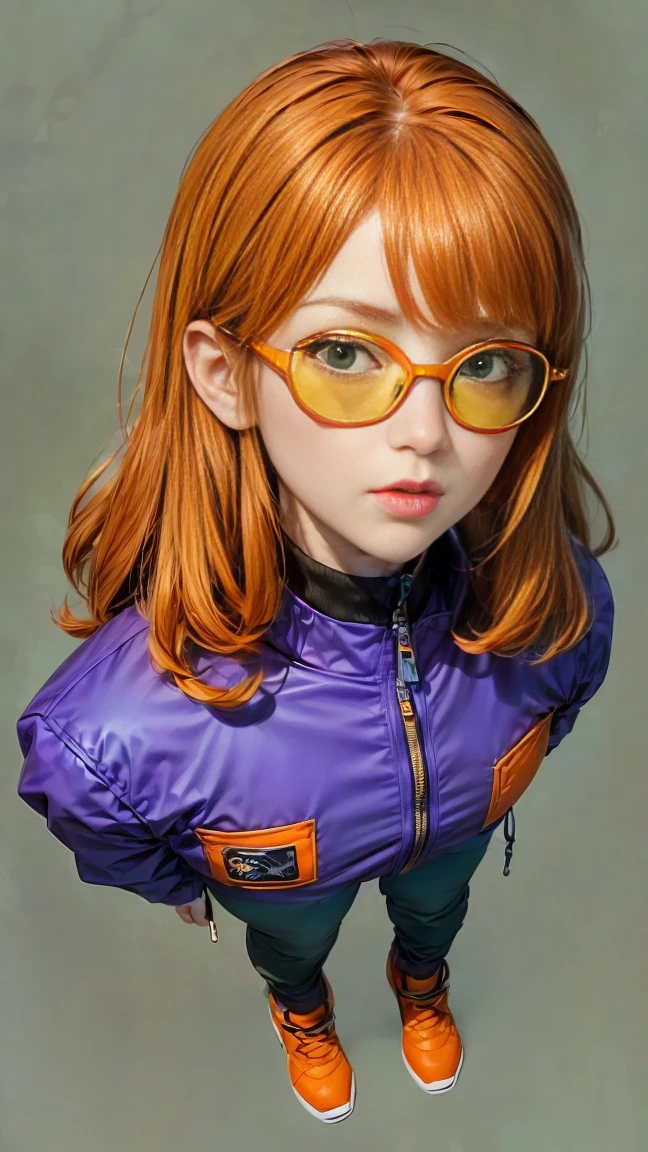 Full body portrait, ( super detailed, super high resolution, detailed background),((2D)),(( Flat Color )),((Dull colors)), 1 Solo Through the Fog :1.5,  viewer,  Relaxed Flight Suit ,  Oversized Bomber Jacket with Sheepskin Collar, (yellow, violet, , green,  orange:1.3),  Plush Color , Full body portrait,  Using VR Glasses , ((&#39; Desert Intricat Foundation )), ((Doomsday City)),   full body , (( Drone Next to Her ))