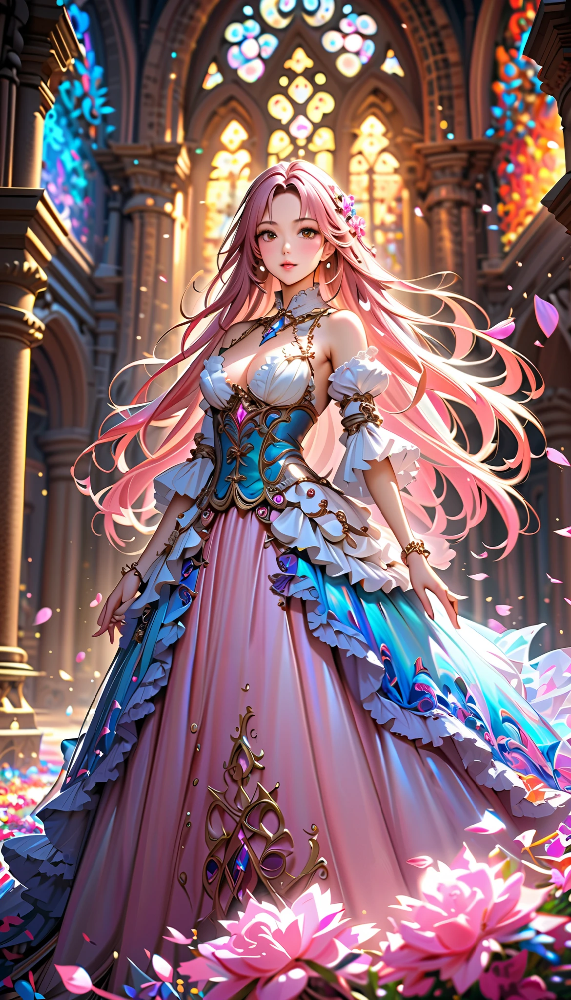 (((young face solo Captivating Adorable princess))), (((dress emerald dress)))), (((Unsurpassed gorgeous rococo victorian gown with voluminous hoopskirt and long hems, princess style skirt))), (gown brilliances dazzlingly glitter reflective prismatic transparency gown:1.2), (gown ultra elaborate gown:1.5), (((huge breasts))), (((breasts focus))), breasts cleavage, ((hair pink hair)), ((ponytail fluffy long ponytail)), (Expressive hair), very voluminous and very long hair, bangs, super delicate and beautiful face, beautiful lips, (hyper detail delicate beautiful eyes blue eyes), hair ornament silver ornament, beautiful smile, (portrait:1.5), (upper body:1.5), (arched back hands on head:1.5), (facing at viewer from side:1.5), (((Masterpiece, Super detail, top quality, ultra high res, Spectacular Quality, Distinguished Quality, ultra detailed, unity 16k))),