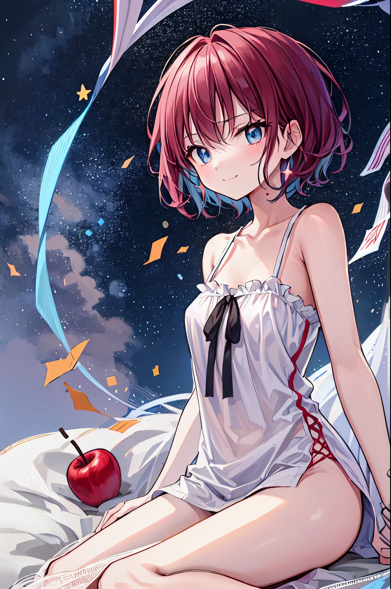   Many apples have fallen from the sky  、 Camisole that makes you feel your crotch   、   short hair 、 ､  brown hair，     Shortcut， Bedhead，    Short Braided Hair    ，Neat，  Slender and Beautiful，Correct posture，  small breasts，   beautiful legs，    A camisole with charming grayish blue eyes that make you feel like stars，Droopy eyes，   bright color,     beautiful eyes  ,A delicate smile,textured skin, BEST QUALITY BEST   ,     a parody of a gentle and beautiful woman    ,   anime style  ､