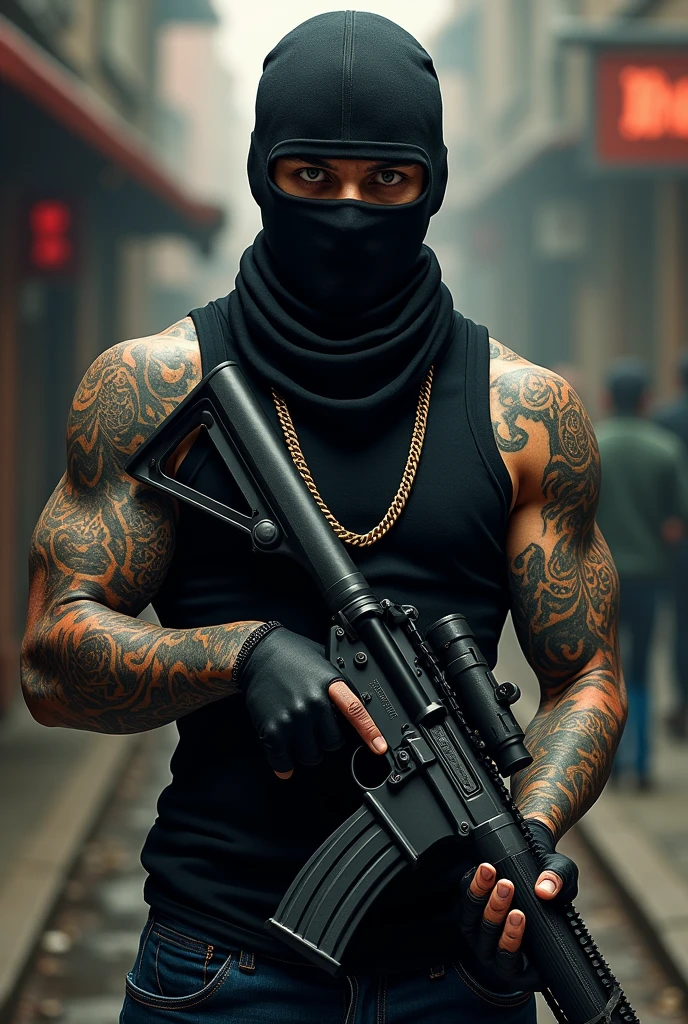 a bald guy with a yellow gang bandana around his neck, with tattoos on his face and a pistol on his waist