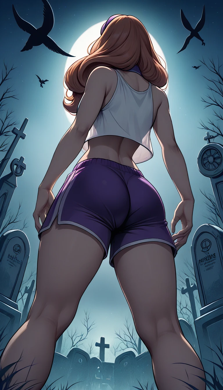 score_9, score_8_below, 1girl, solo, (Daphne Blake:1.2), (white top, bare arms, bare shoulders, midriff, black dolphin shorts ), exposed legs, thick thighs, ass focus, cemetery, fog, night ,colorful, 2D, (shot from below:1.3).