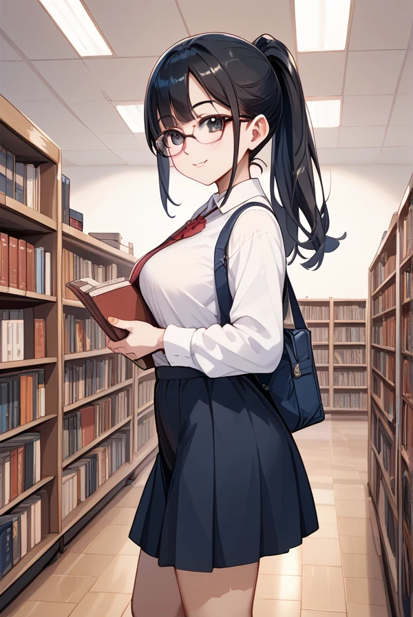 Black hair, ponytail, glasses, bookstore, clerk